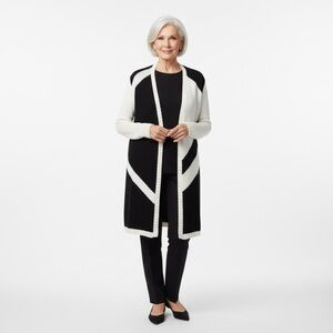 Chicos Size 2 Black White Open Front Abstract Print Knit Duster Cardigan